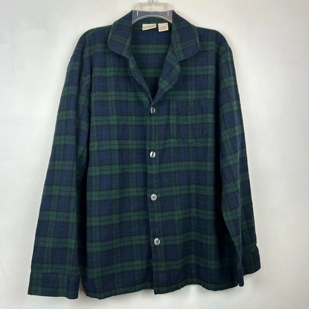 LL Bean Pajama Top Mens Large Green Scotch Plaid Flannel Button Cozy Lounge